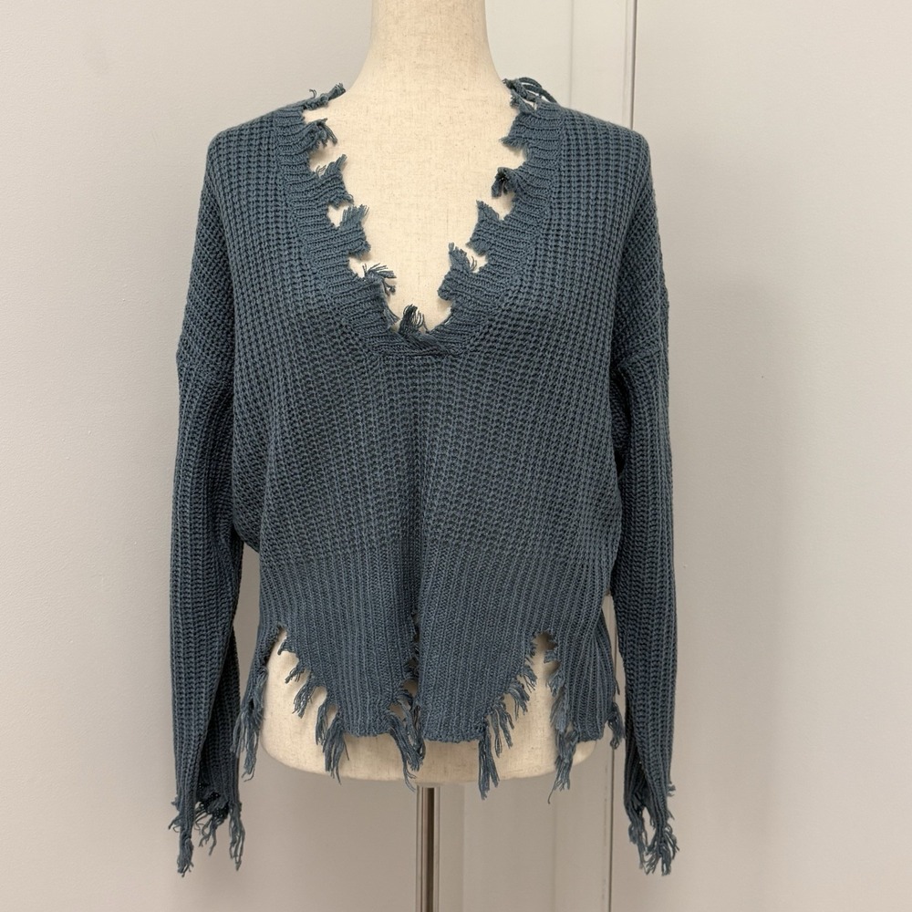 Y2K Indie Sleeze Knit Sweater Size L VNeck Distressed Cutout Hem Shredded Grunge